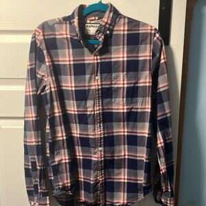 Express Navy and Red Plaid Casual Button Down Shirt